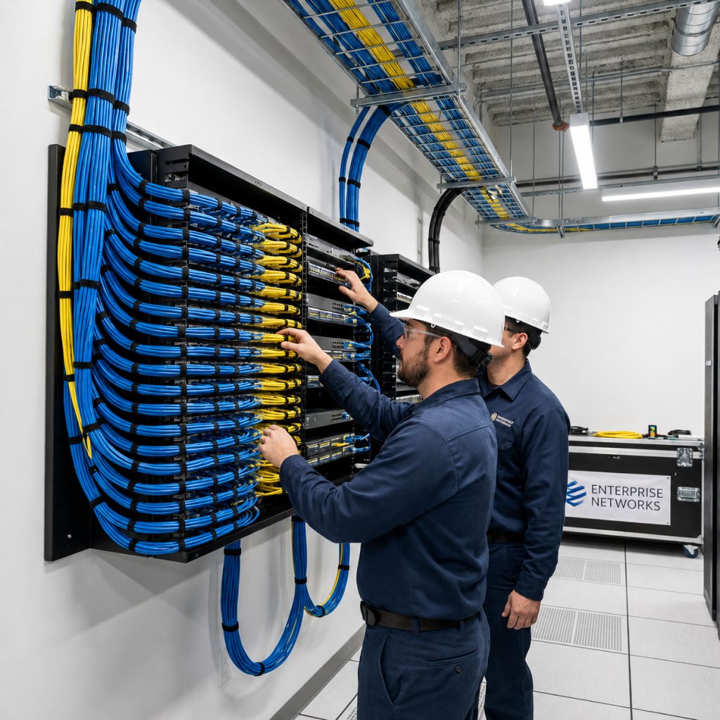 Sistemas de cabeamento estruturado finalizado e certificado em rack